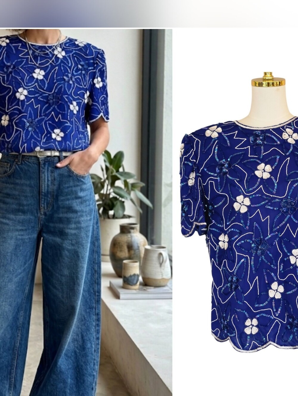 Vintage Laurence Kazar Beaded Silk Floral Sequin Top Royal Blue XL